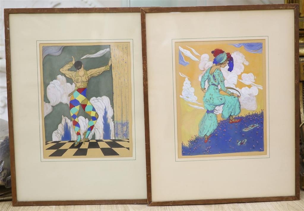 Manner of Leon Bakst (1866-1924), mixed media, Harlequin and companion, 30 x 23cm